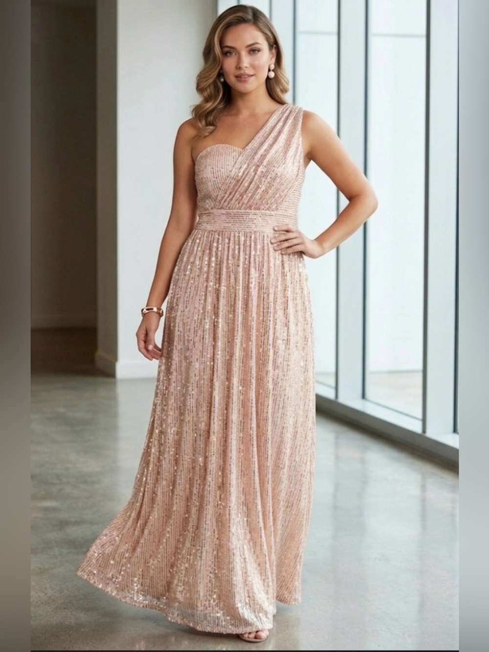 Rose Gold Sequin One Shoulder Maxi Dress XL Formal Evening Gown